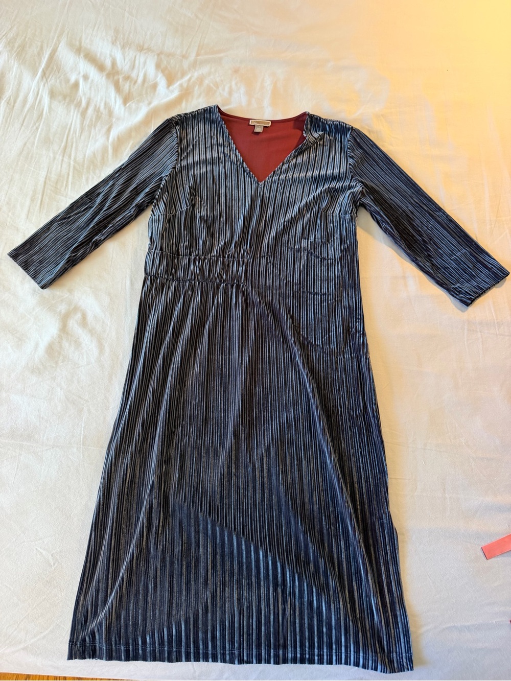 Chelsea28 Navy Blue Pleated Midi Dress with Burgundy Lining